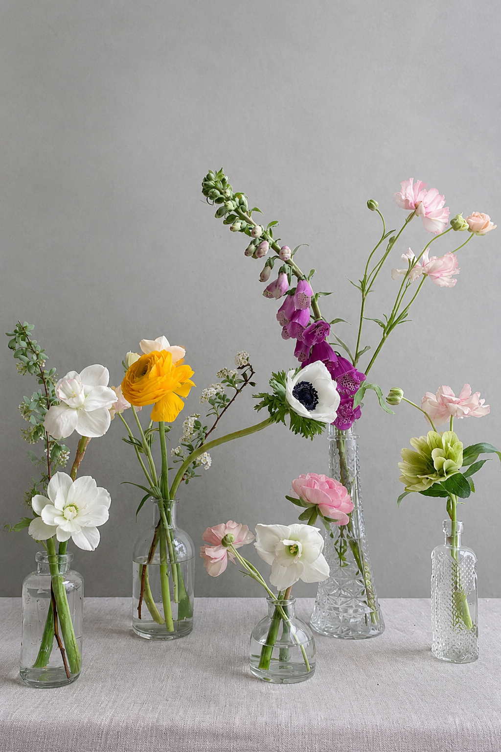 Verschiedene Schnittblumen in fünf unterschiedlich geformten Glasvasen