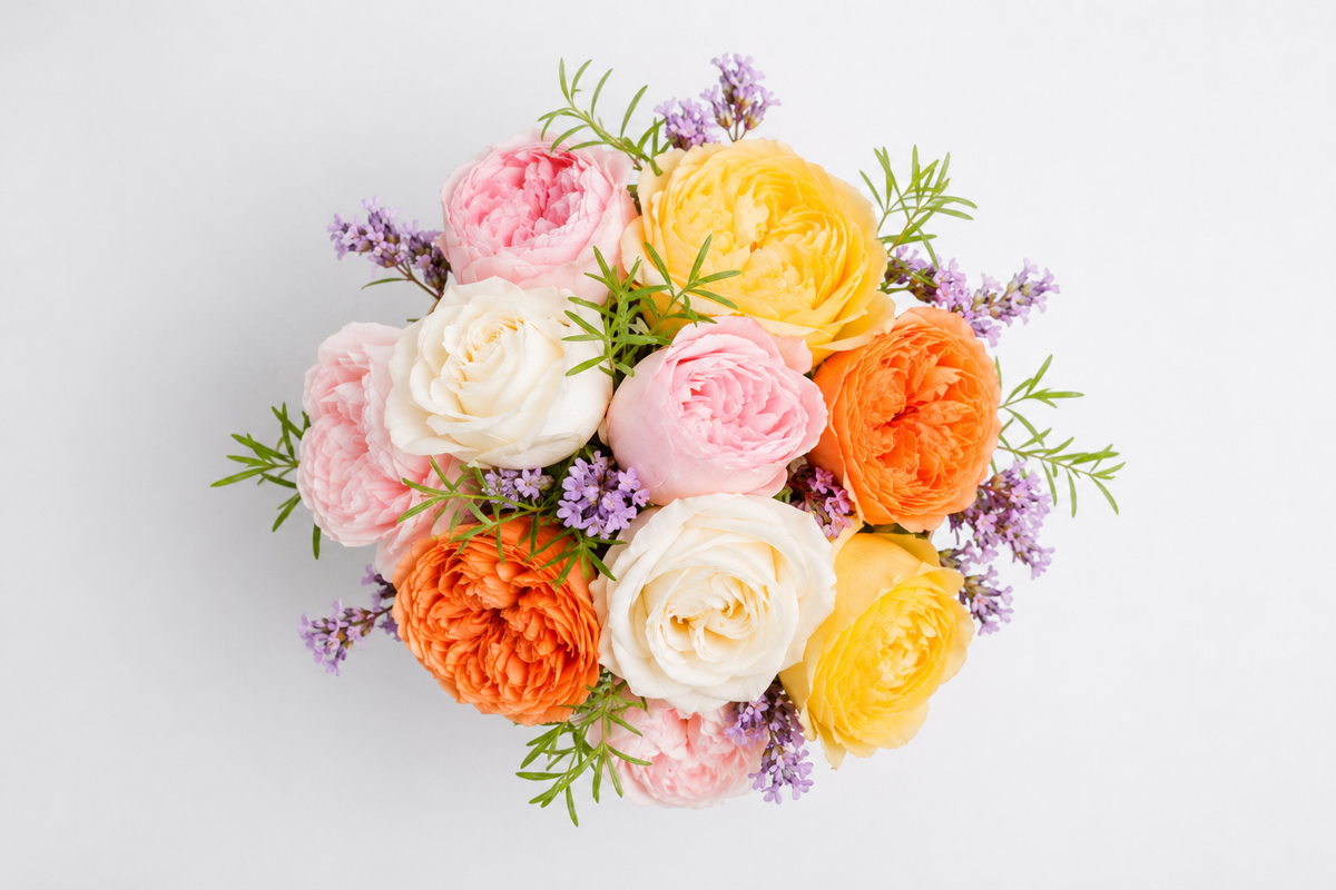 Runder Rosenstrauß in Rosa, Gelb, Orange und Weiß von oben