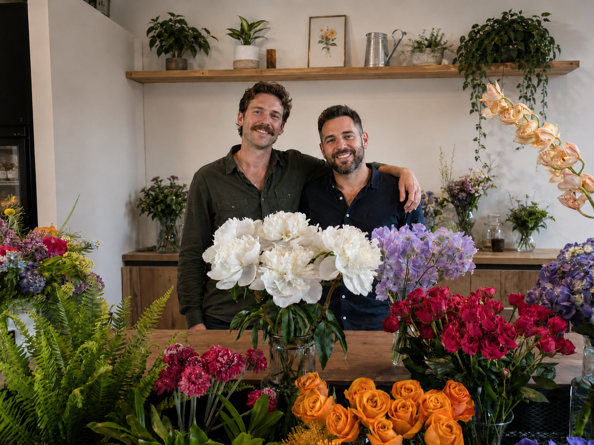 Die beiden Gründer von Rosarium inmitten farbenfroher Blumen