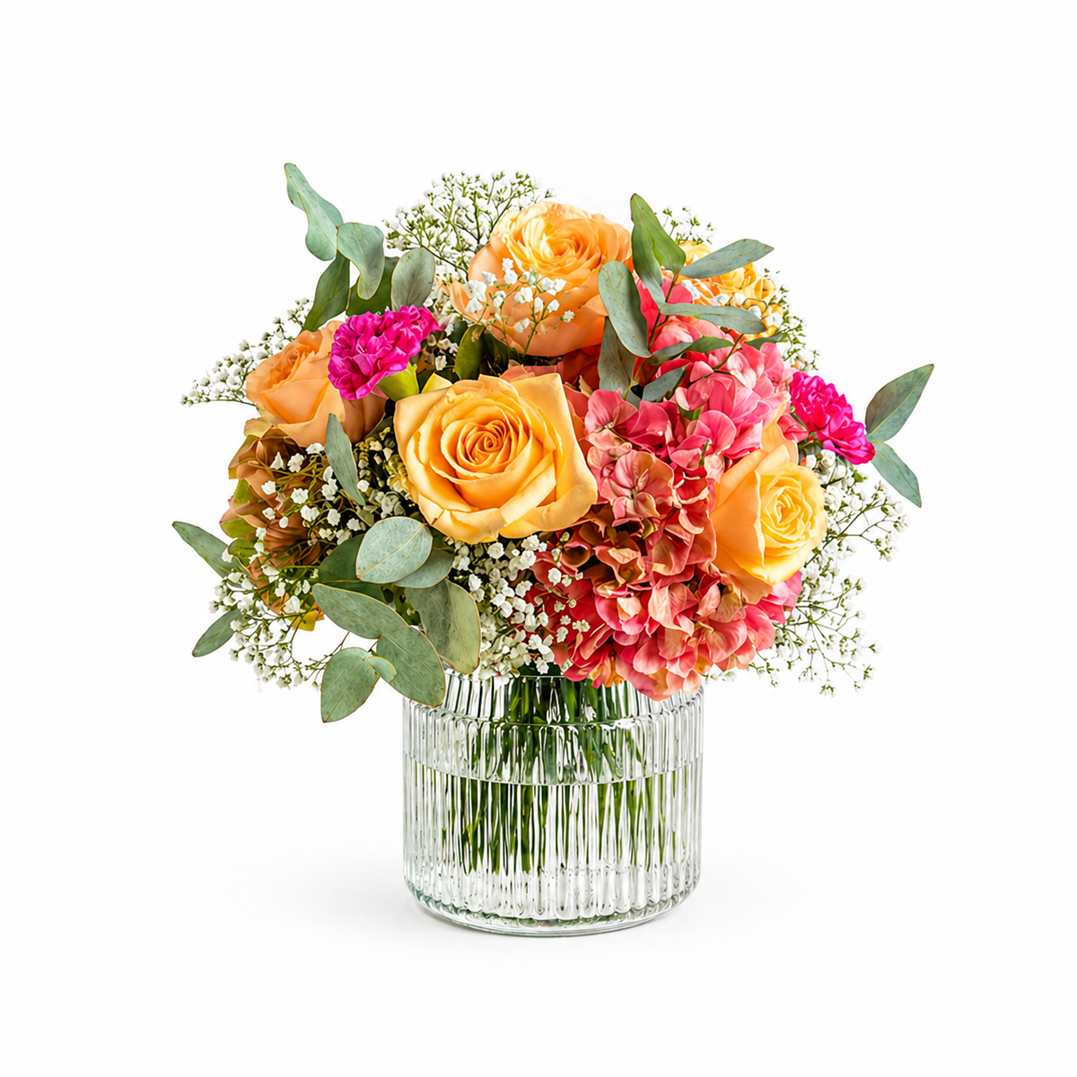 Eleganter Blumenstrauß mit Rosen, Hortensien, Nelken und Eukalyptus