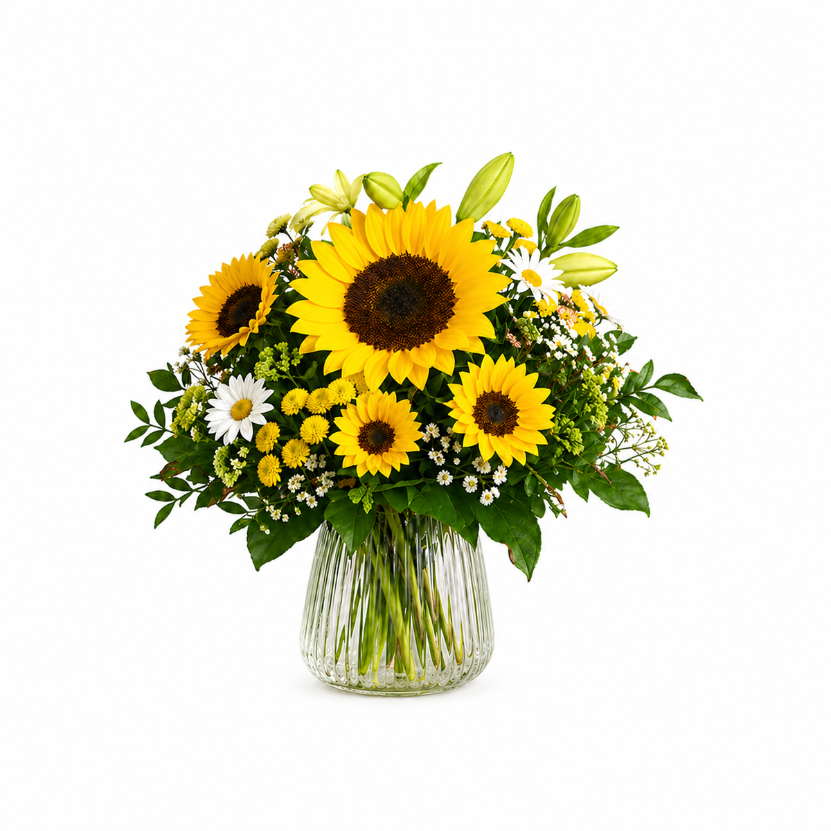 Gelber Blumenstrauß mit Sonnenblumen, Lilien und Chrysanthemen