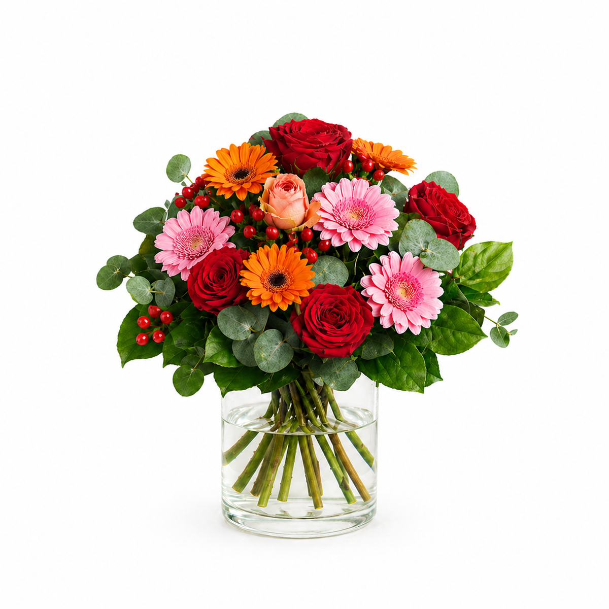 Romantischer Blumenstrauß mit Rosen, Gerbera und Eukalyptus