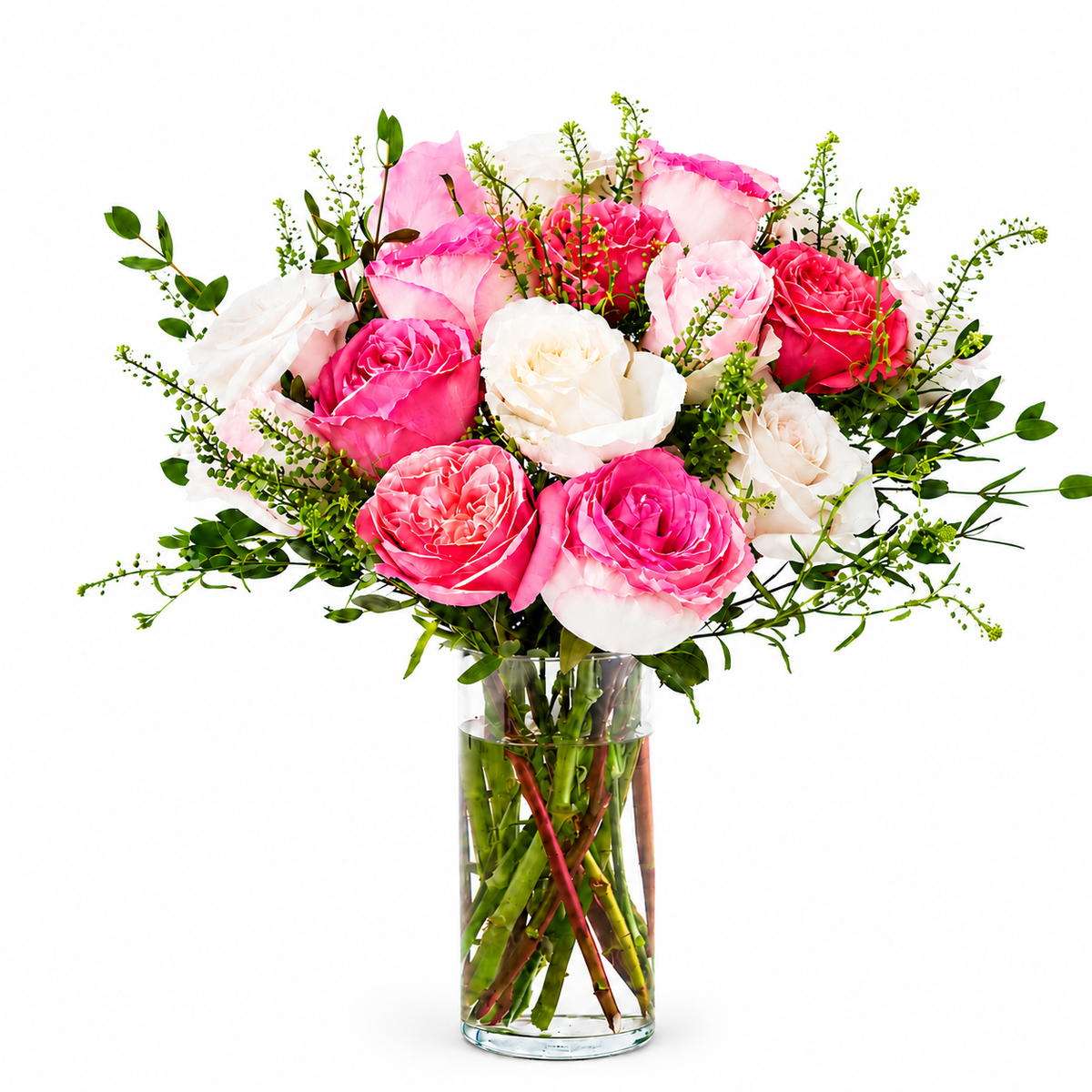 Zarter Muttertagsstrauß mit Rosen, Gartenrosen und frischem Grün