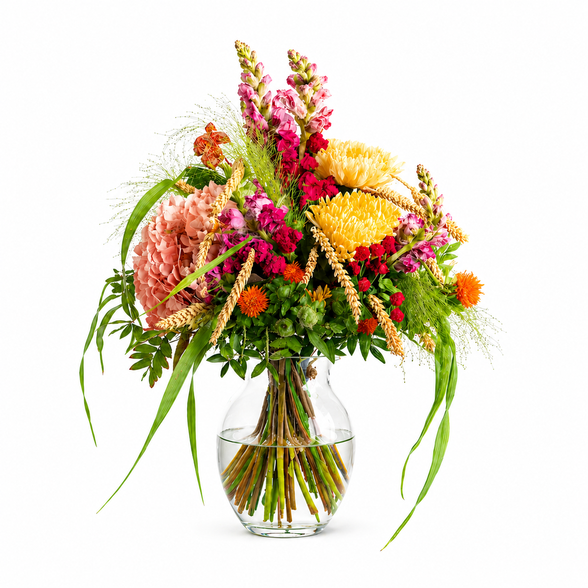 Farbenfroher Blumenstrauß mit Hortensien und Chrysanthemen