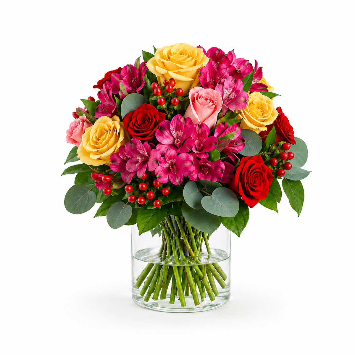 Bunter Rosenstrauß mit Inkalilien, Hypericum und Eukalyptus