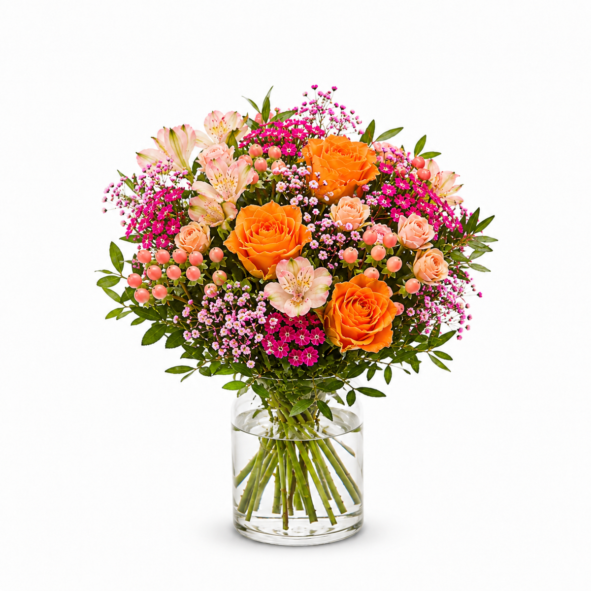 Rosa-apricot Muttertagsstrauß mit Rosen, Nelken und Inkalilien