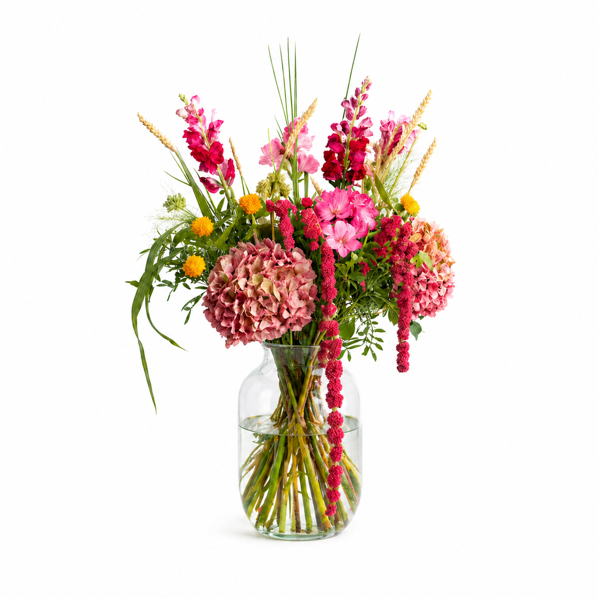 Warmer Blumenstrauß mit Hortensien, Gladiolen und Amaranthus